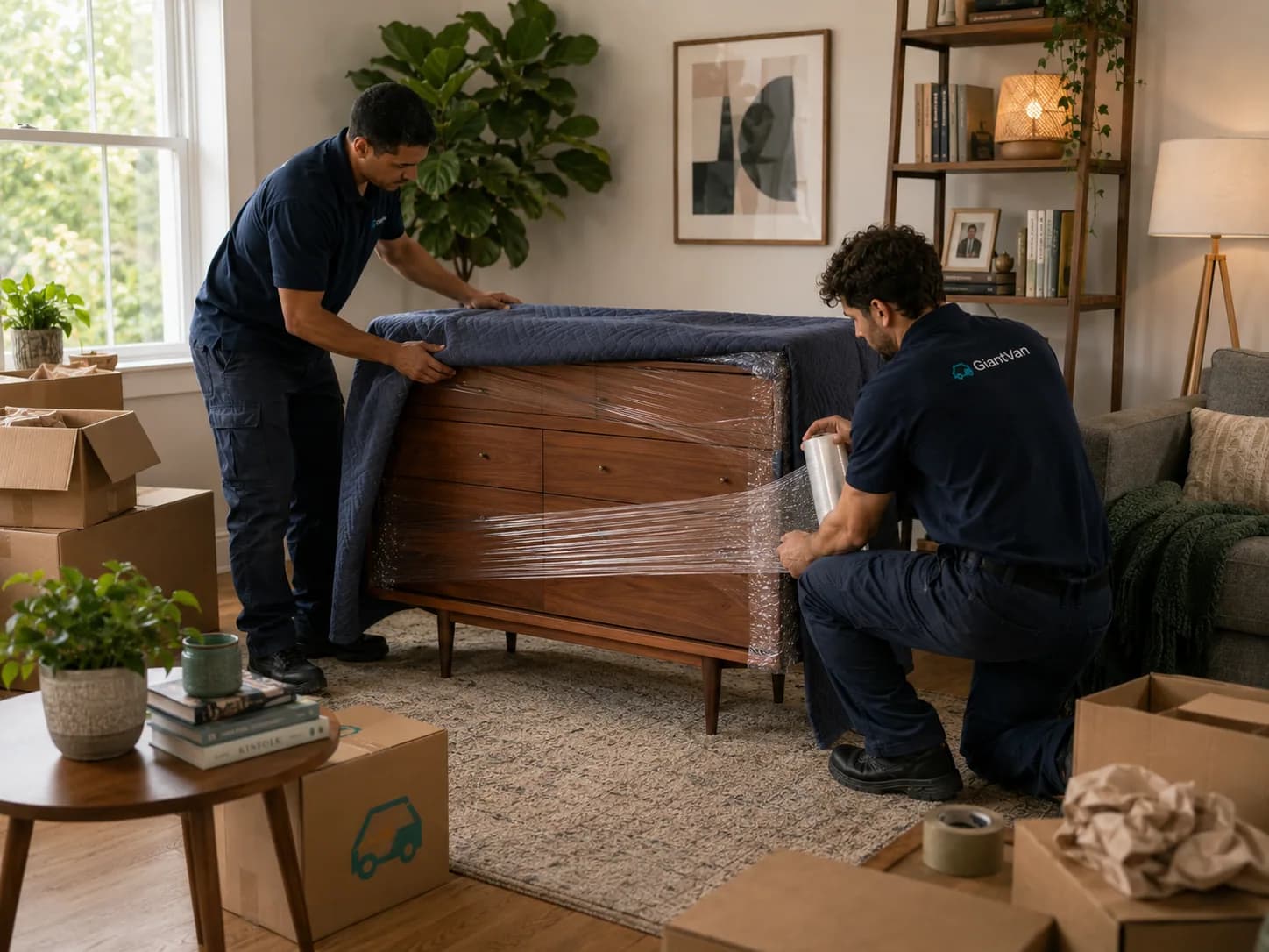 Two Giant Van movers carefully wrapping a wooden dresser to protect it during a house removal