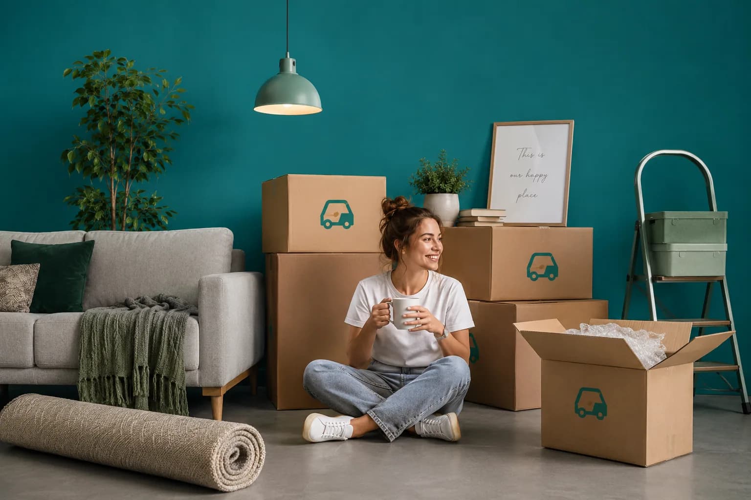 A woman relaxing with a coffee surrounded by Giant Van moving boxes in her new home
