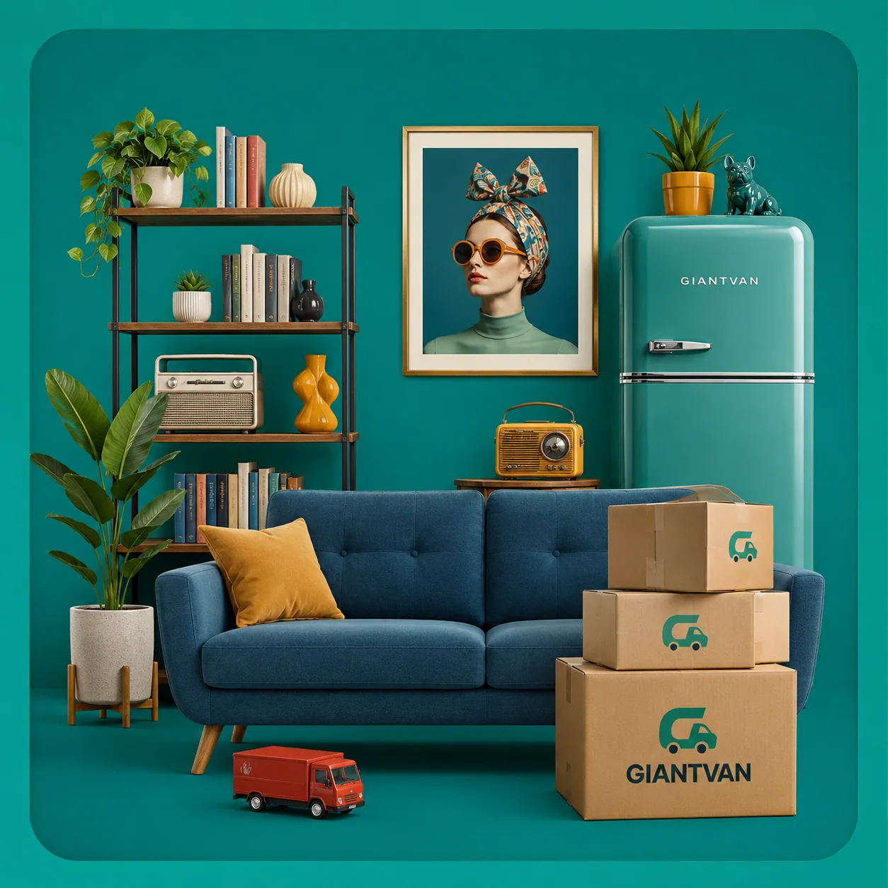 Giant Van branded moving boxes, sofa and retro fridge — furniture removals and delivery