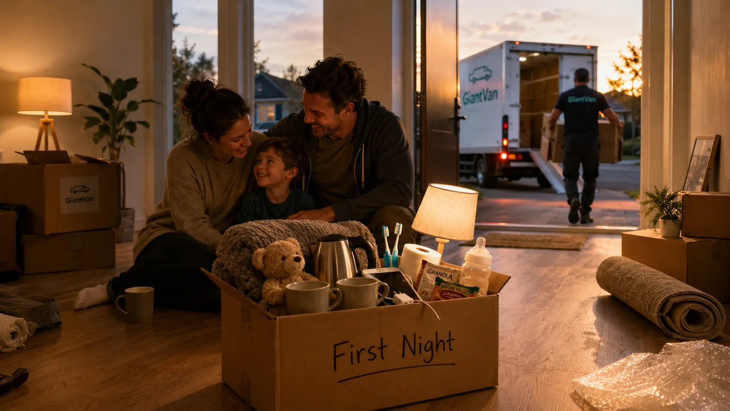 Family relaxing in their new home at dusk beside a Giant Van ‘First Night’ moving box