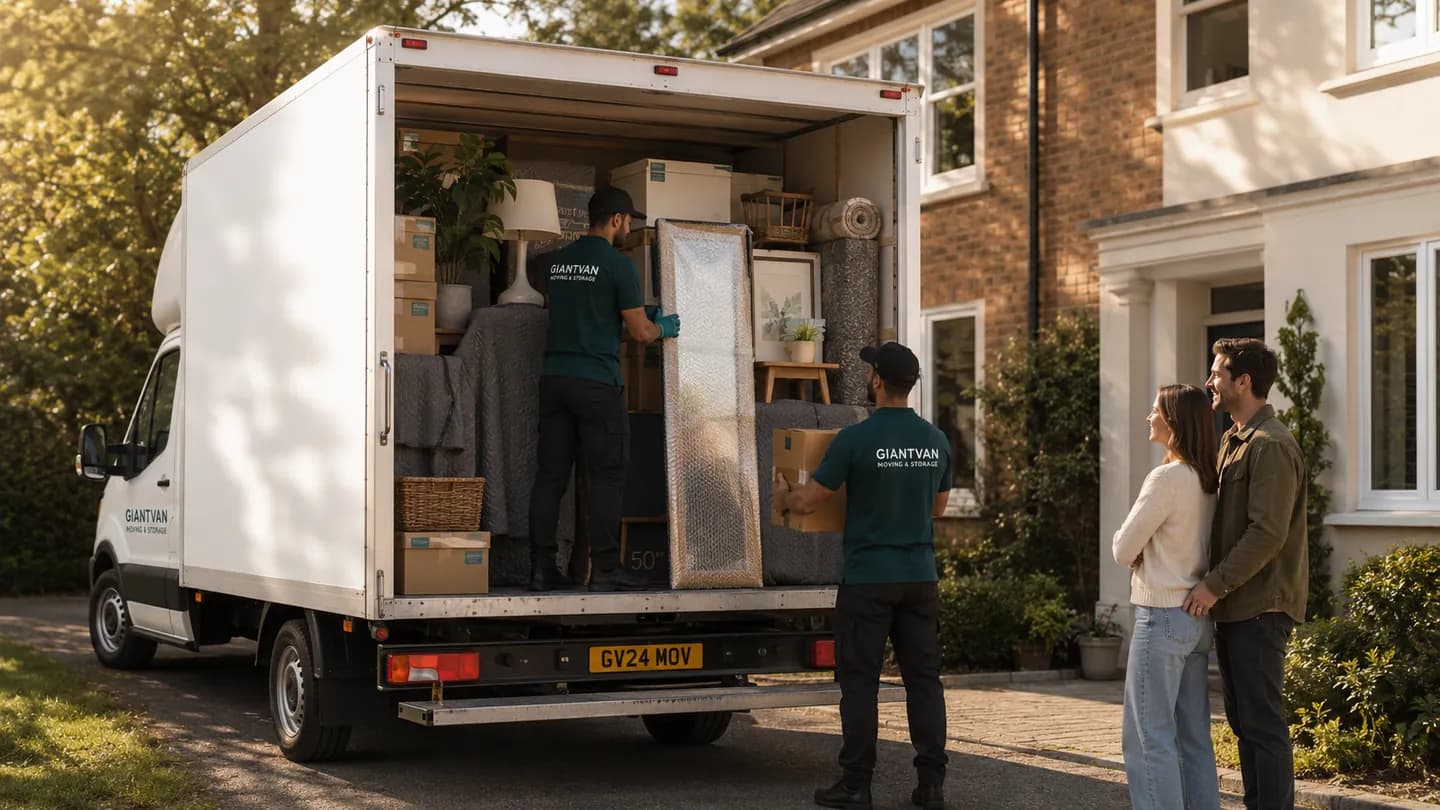 Giant Van movers loading furniture into a Luton van outside a house at golden hour while a couple looks on