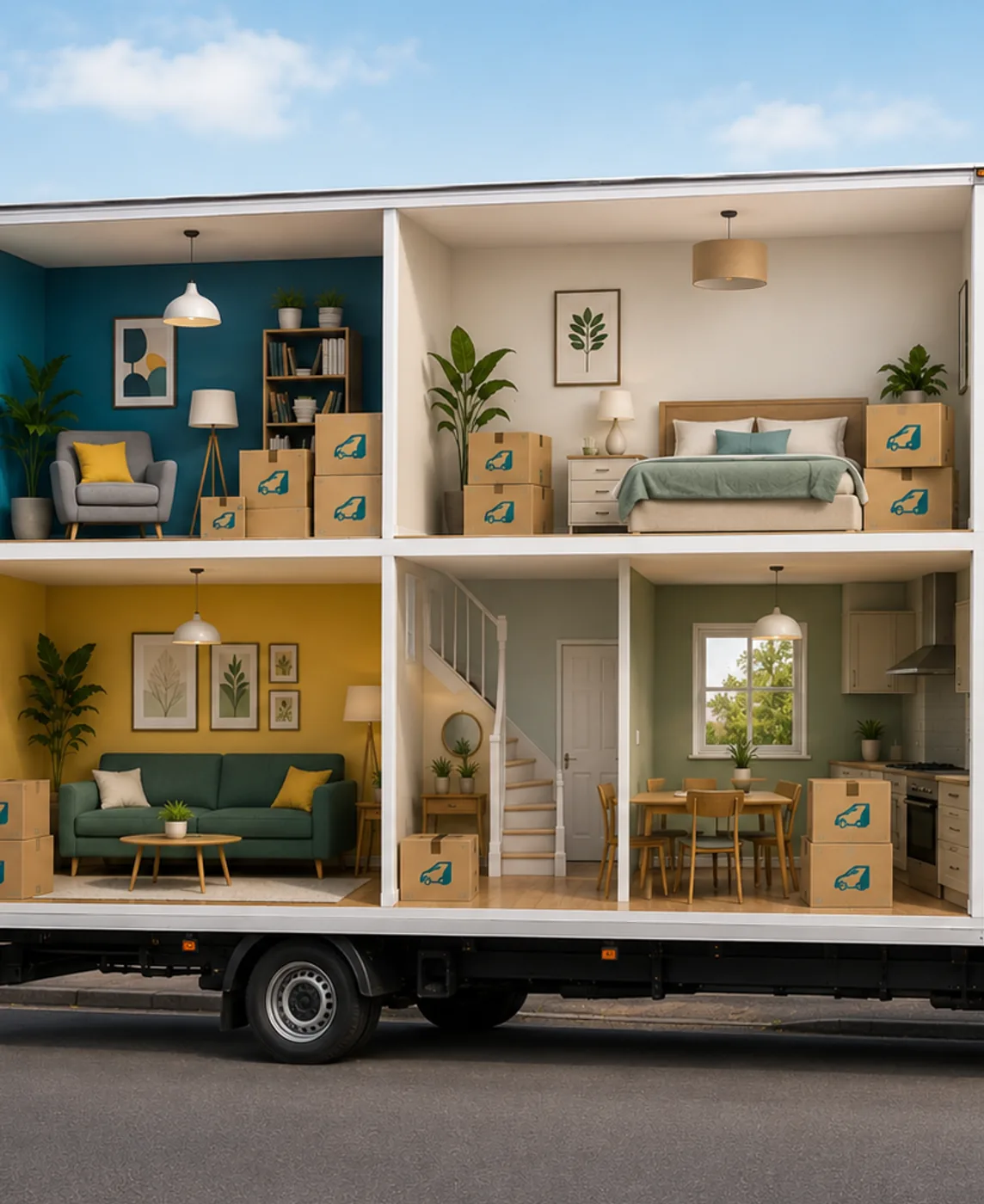 Giant Van moving truck with a cutaway showing furnished rooms full of moving boxes